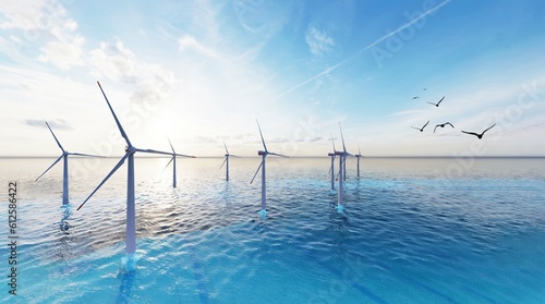 Ocean Wind Farm. Windmill farm in the ocean. Offshore wind turbines in the sea.  © adobedesigner