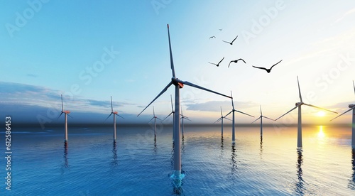 Offshore wind turbines farm on the ocean. Sustainable energy production, clean power. Close-up wind turbine. 3D Rendering. © adobedesigner