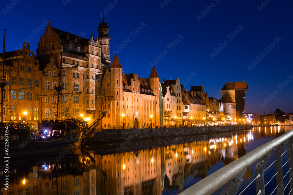 Image of night light of Moltawa River in Gdansk in the Poland.