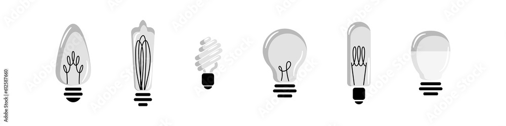 Zestaw sześciu żarówek. Wektorowe żarówki w minimalistycznym stylu. Symbol idei, rozwiązywania problemów, pomysł, radzenia sobie z problemem. Koncept lampy, światło. - obrazy, fototapety, plakaty 