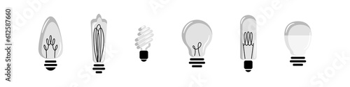 Zestaw sześciu żarówek. Wektorowe żarówki w minimalistycznym stylu. Symbol idei, rozwiązywania problemów, pomysł, radzenia sobie z problemem. Koncept lampy, światło.