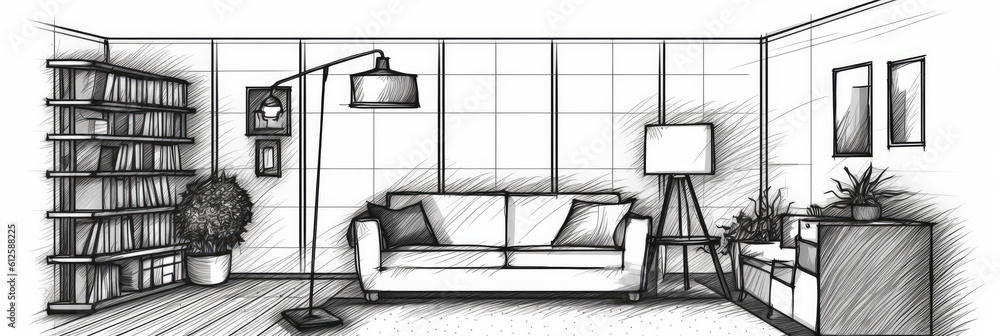 Interior design with modern living room in black line sketch on white background, Generative AI