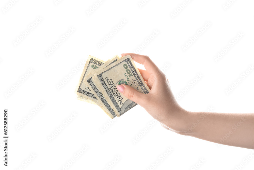 Female hand holding one hundred dollar banknotes isolated on white background Female hand holding one hundred dollar banknotes isolated on white background