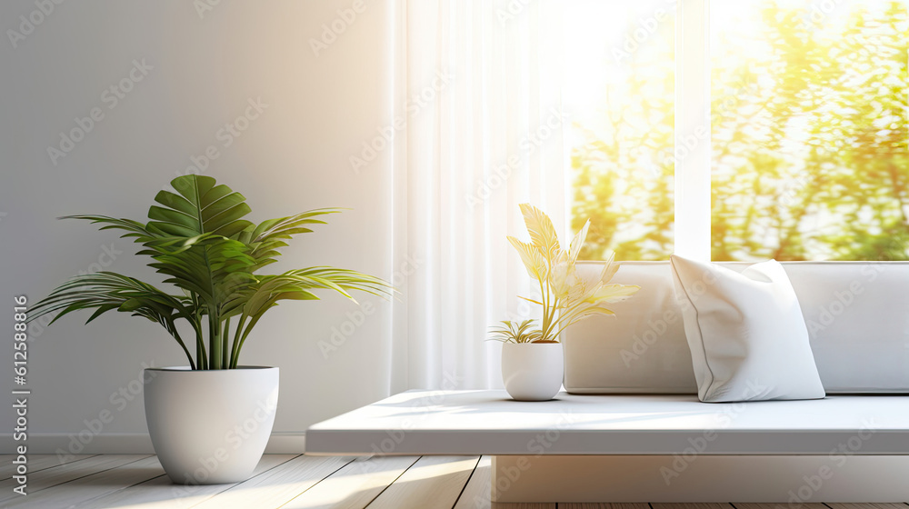 Wooden tabletop or countertop in modern and luxury white living room with white wall, desk, sofa and houseplant with sunlight at home, Generative AI Wooden tabletop or countertop in modern and luxury white living room with white wall, desk, sofa and houseplant with sunlight at home, Generative AI