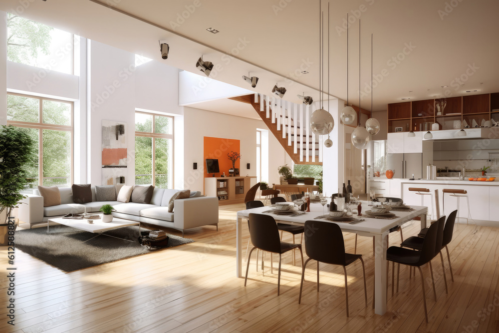 Modern house interior background with living room, dining room and kitchen combination, Generative AI Modern house interior background with living room, dining room and kitchen combination, Generative AI