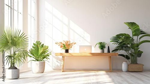 Wooden tabletop or countertop in modern and luxury white living room with white wall, desk, sofa and houseplant with sunlight at home, Generative AI © Sasint