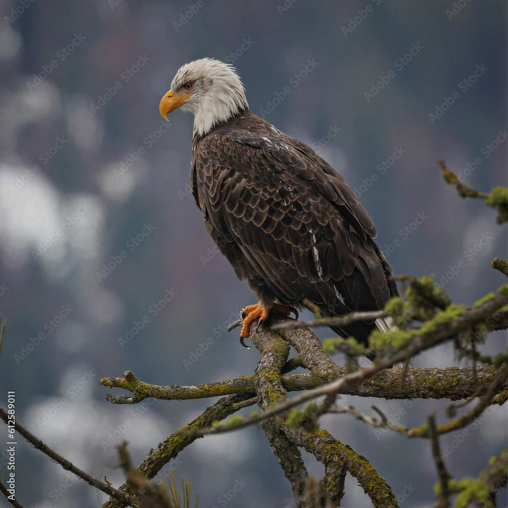 Closeup of an Eagle perched on a branch against blur background Closeup of an Eagle perched on a branch against blur background