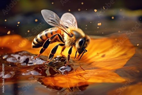 A bee on water, honeybee macro. Generative AI