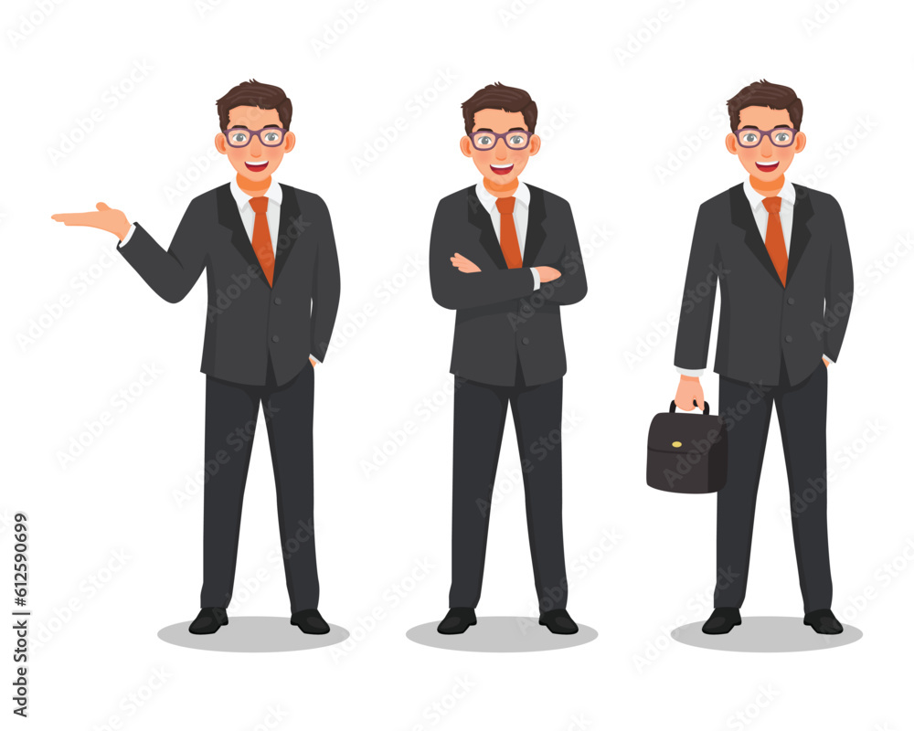 Set of Businessman different poses, holding briefcase, crossed arms and showing hand Set of Businessman different poses, holding briefcase, crossed arms and showing hand