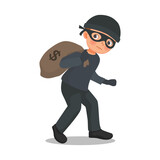 A thief carrying sack of stolen money walking carefully