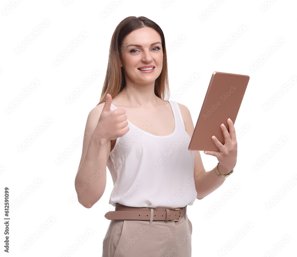 Beautiful happy businesswoman with tablet on white background Beautiful happy businesswoman with tablet on white background