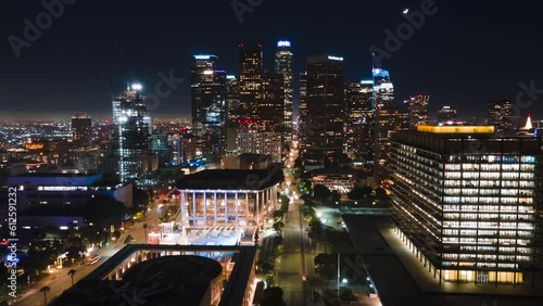 4K time-lapse footage of Los Angeles with high skyscrapers and buildings at night