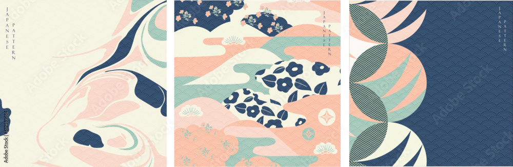 Japanese pattern and icon vector.  Oriental wedding invitation and frame background. Geometric pattern and brush stroke decoration. Abstract template in Chinese style.