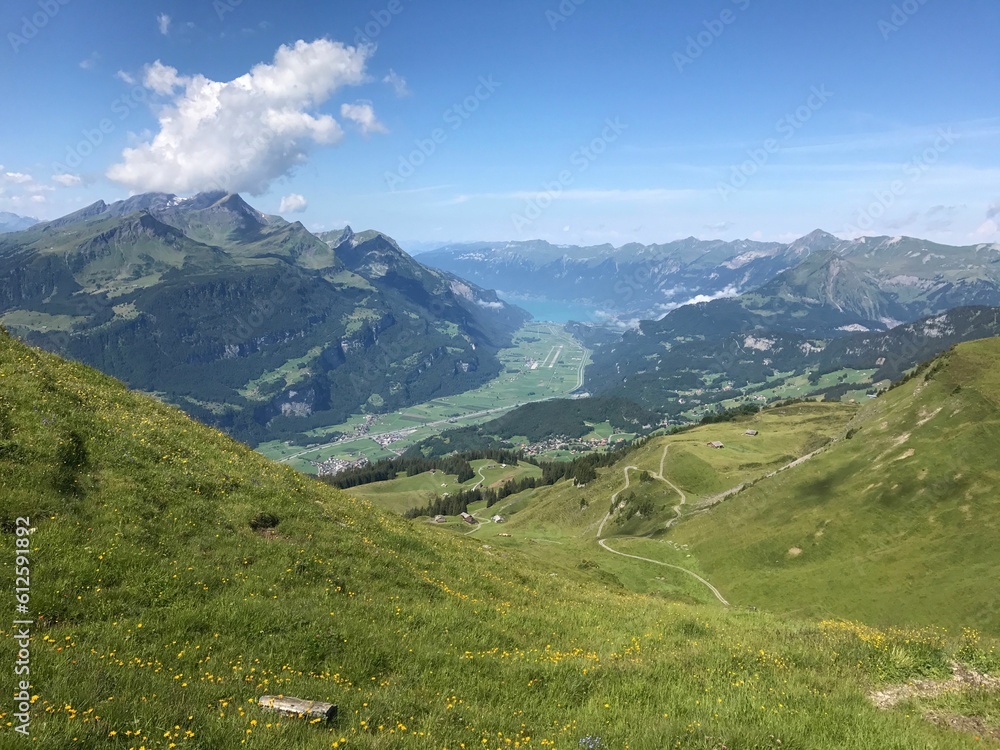 Obraz premium Highland with green field and mountains on a sunny day