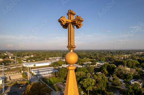 Aerial drone photo of a cross on top of a church in Daytona Beach, Florida