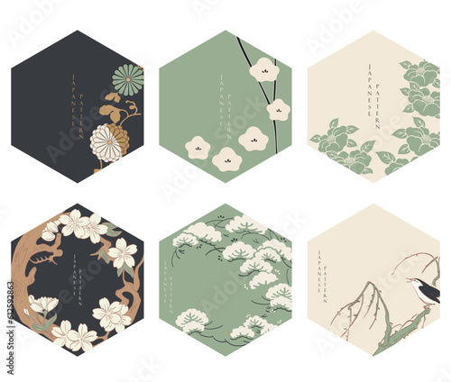 Japanese floral background vector. Asian icons and symbols. Vintage traditional template design. Abstract pattern and template. Geometric icon and logo design set with hand draw tree element.