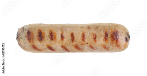 Fork with tasty grilled sausage isolated on white