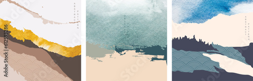 Abstract landscape background with Japanese wave pattern vector. Mountain forest with silhouette hill template with brush stroke texture. 