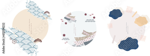 Japanese background vector. Asian icons and symbols. Oriental traditional poster design. Abstract pattern and template. Geometric element with hand drawn wave and cloud object.