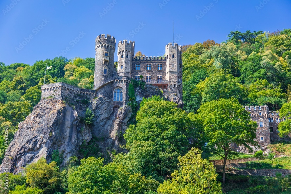 View of the exterior of the historic Rheinstein castle and surrounding landscape in Germany