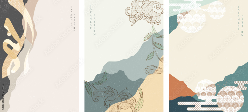 Abstract background with Asian traditional elements vector. Hand drawn decoration with Japanese wave pattern in vintage style.