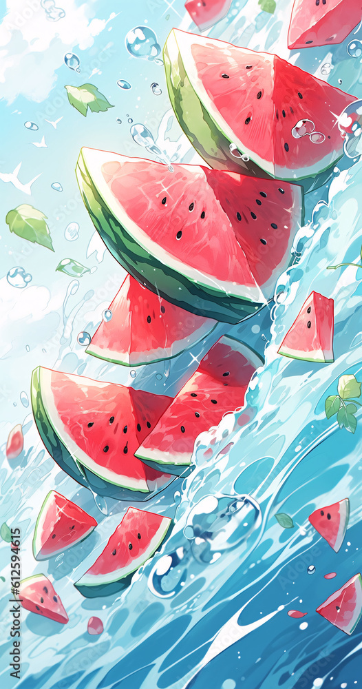 Summer refreshing watermelon illustration, refreshing green fruit watermelon juice