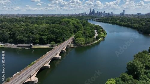 Aerial view of Fairmount Park and the Schuylkill River with the Philadelphia skyline