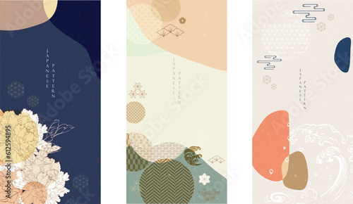 Japanese background vector. Asian icons and symbols. Oriental traditional banner design. Abstract pattern and template. Peony flower, wave, sea,  bamboo, pine tree and sun elements.  