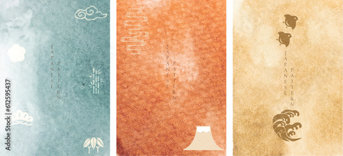 Japanese template with Asian icon  vector. Abstract background illustration with Japanese wave pattern. Watercolor texture banner in vintage style.