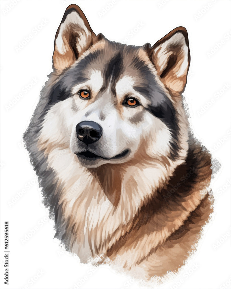 Fototapeta premium Watercolor-style portrait illustration of a husky on a white background. Capturing the beauty and personality of this breed in a unique and vibrant artistic representation. Perfect for dog lovers