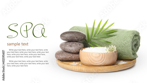 Spa stones, sea salt and soft towel on white background. Banner design with space for text
