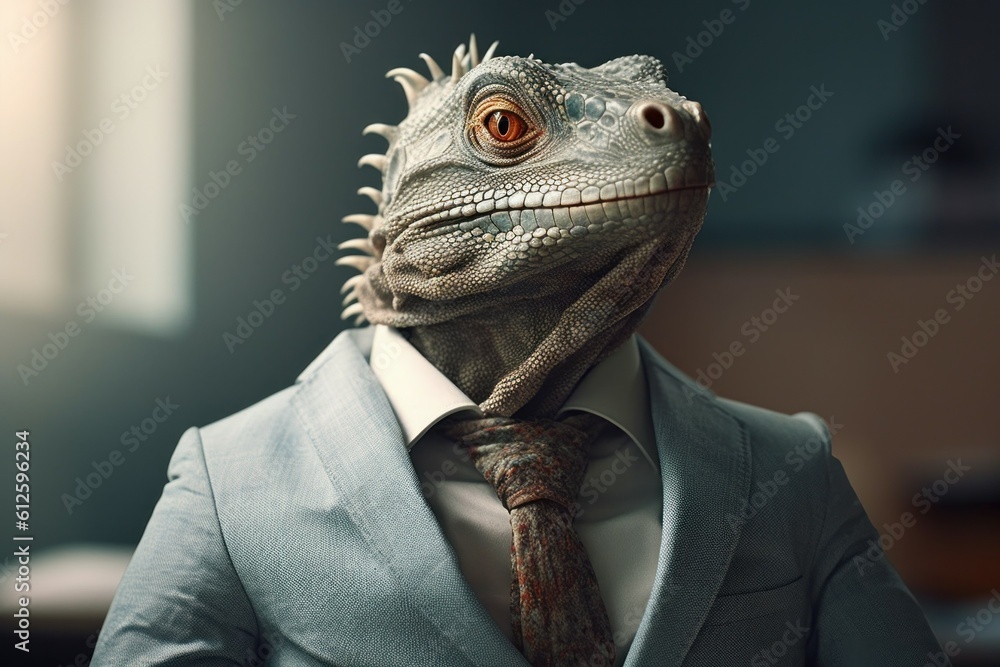 Anthropomorphic iguana dressed in a suit like a businessman. Business Concept. AI generated, human enhanced Anthropomorphic iguana dressed in a suit like a businessman. Business Concept. AI generated, human enhanced
