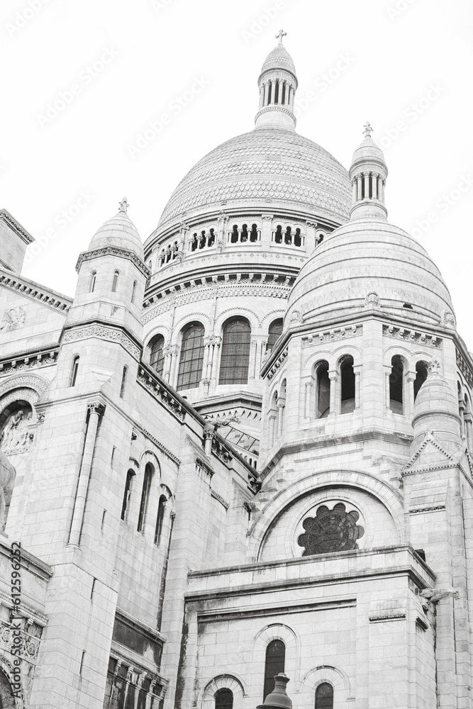 Vertical monochrome shot of The Basilica of the Sacred Heart of Paris, Montmartre