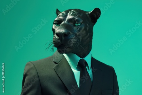 Anthropomorphic panther dressed in suit like a businessman. Mysterious image of a stranger. AI generated, human enhanced