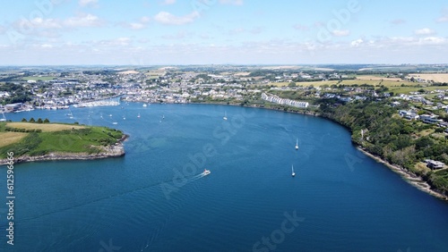 Bird's-eye view of a bay surrounded by green lands of Ireland