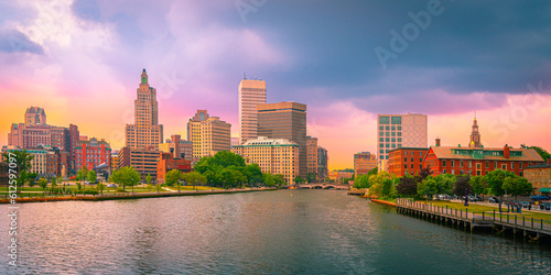 Beautiful vibrant sunset over Providence River in Rhode Island