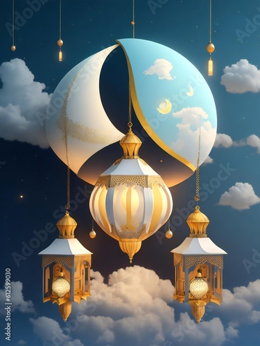 Happy eid alfitr background of lanterns moon and clouds ai generated