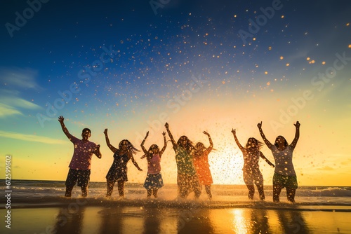 happy group of people jumping on the beach at sunset with water drops