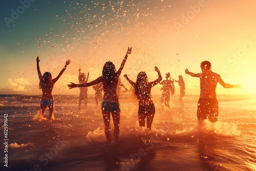 group of people jumping on the beach at sunset