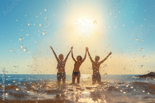 splash on the beach, happy friends jumping 