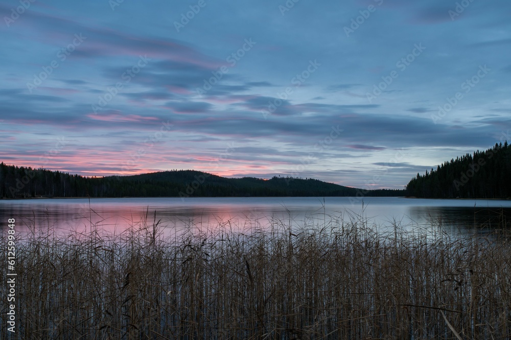 Calm lake surrounded by the forest and hills with the pink sunset in background in Sweden Lapland