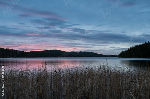 Calm lake surrounded by the forest and hills with the pink sunset in background in Sweden Lapland