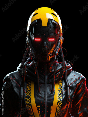 Character - Straight Medium Portrait still of a futuristic female android robot in sleek carbon mask sharp edges