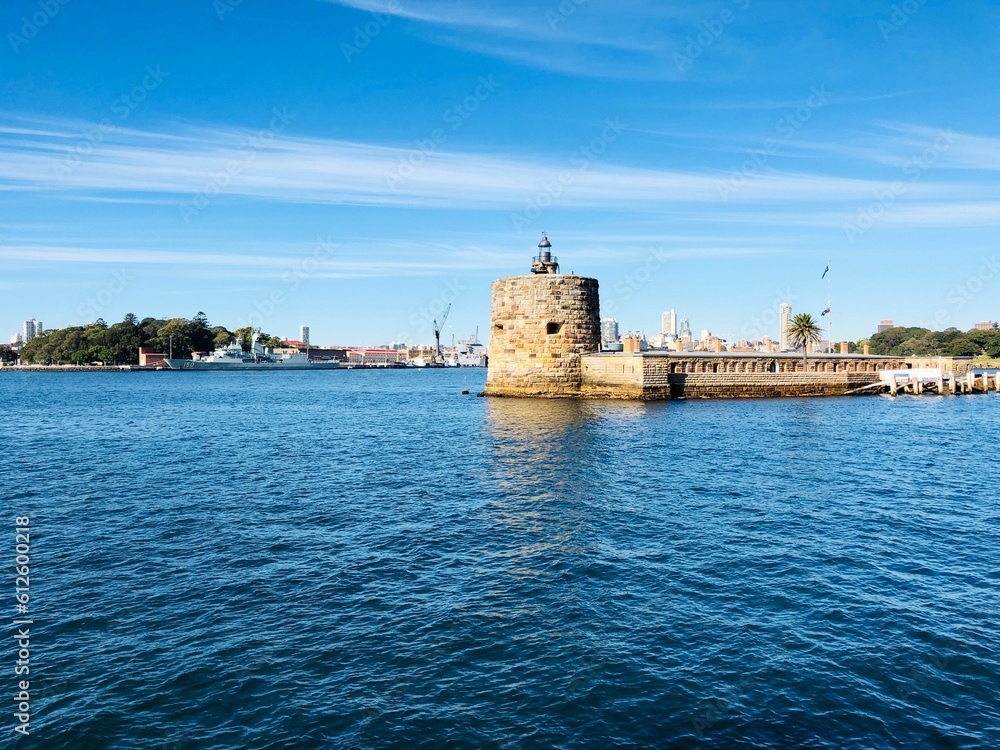Fortification and prison island Fort Dension against the Sydney skyline under a blue sky