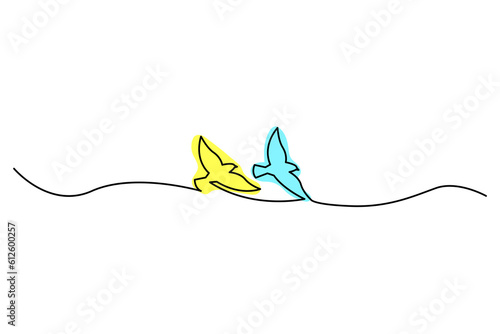 Two pigeons in blue yellow colors of Ukrainia flag, dove of peace with olive branch. Vector illustration. stock image.