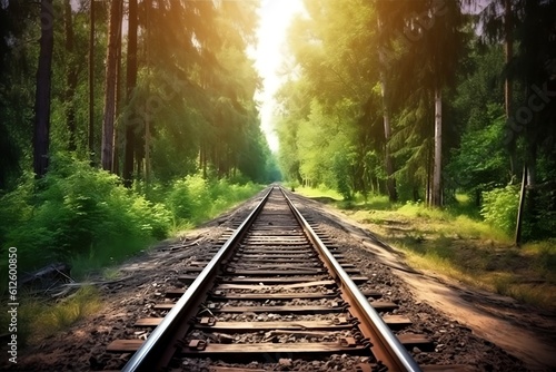 A train track stretching towards the horizon, accompanied by a beautiful forest, Generative AI, railroad, railway, tracks, locomotive, train, transportation
