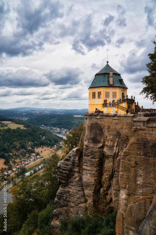 Vertical shot of the hilltop Konigstein Fortress in Saxony, Germany.