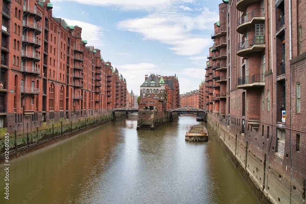 Beautiful view of the Speicherstadt, the historic warehouse district of Hamburg, Germany.