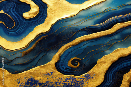 Blue and golden acrylic liquid ink swirl abstract background with ravishing turbulence wavy pattern and detailed texture. Luxury fluid liquid art by Generative AI.