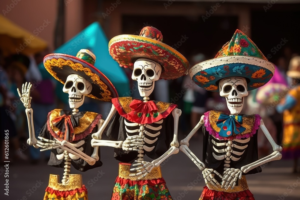 Characters dressed as skeletons dancing on Mexico's Day of the Dead Generative AI